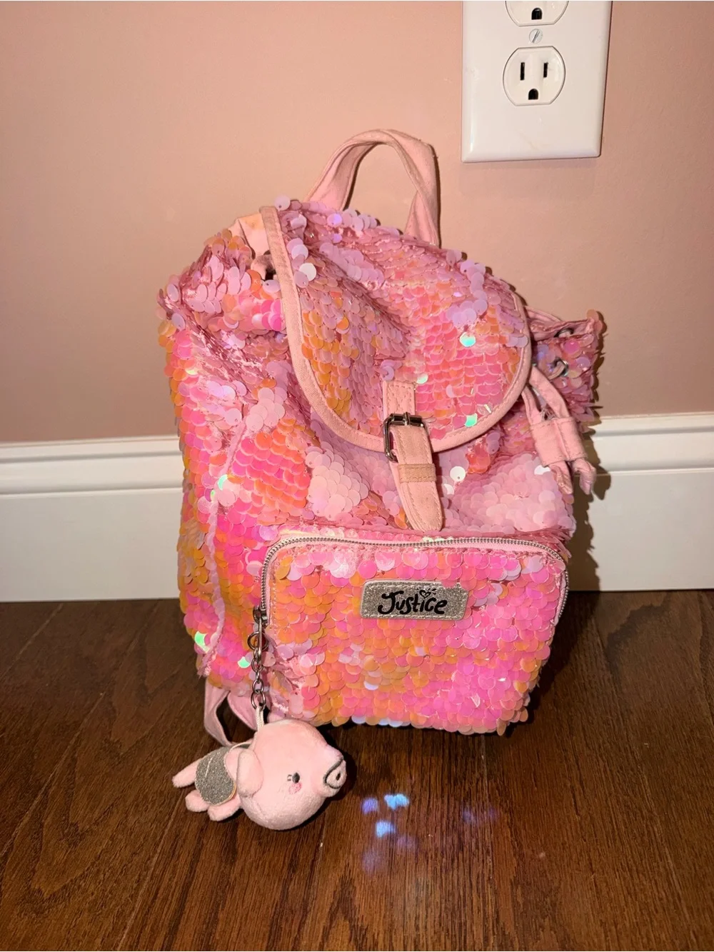 Justice Pink Iridescent Sequin Kids Backpack with Plush Charm